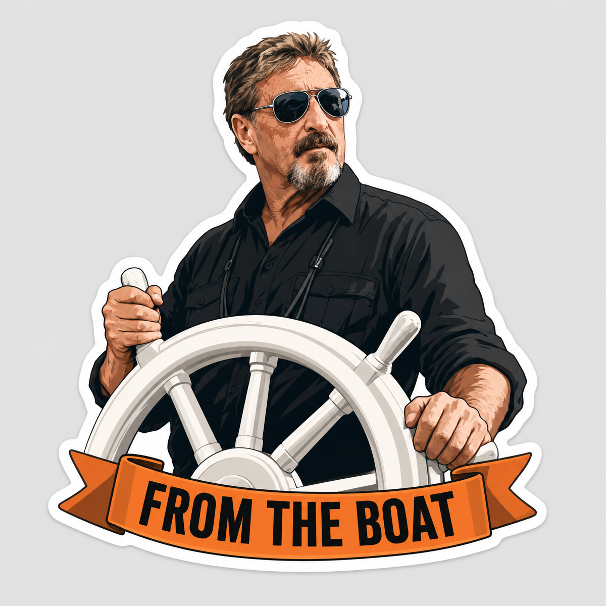 Sticker of McAfee at a boat wheel, ribbon reading FROM THE BOAT