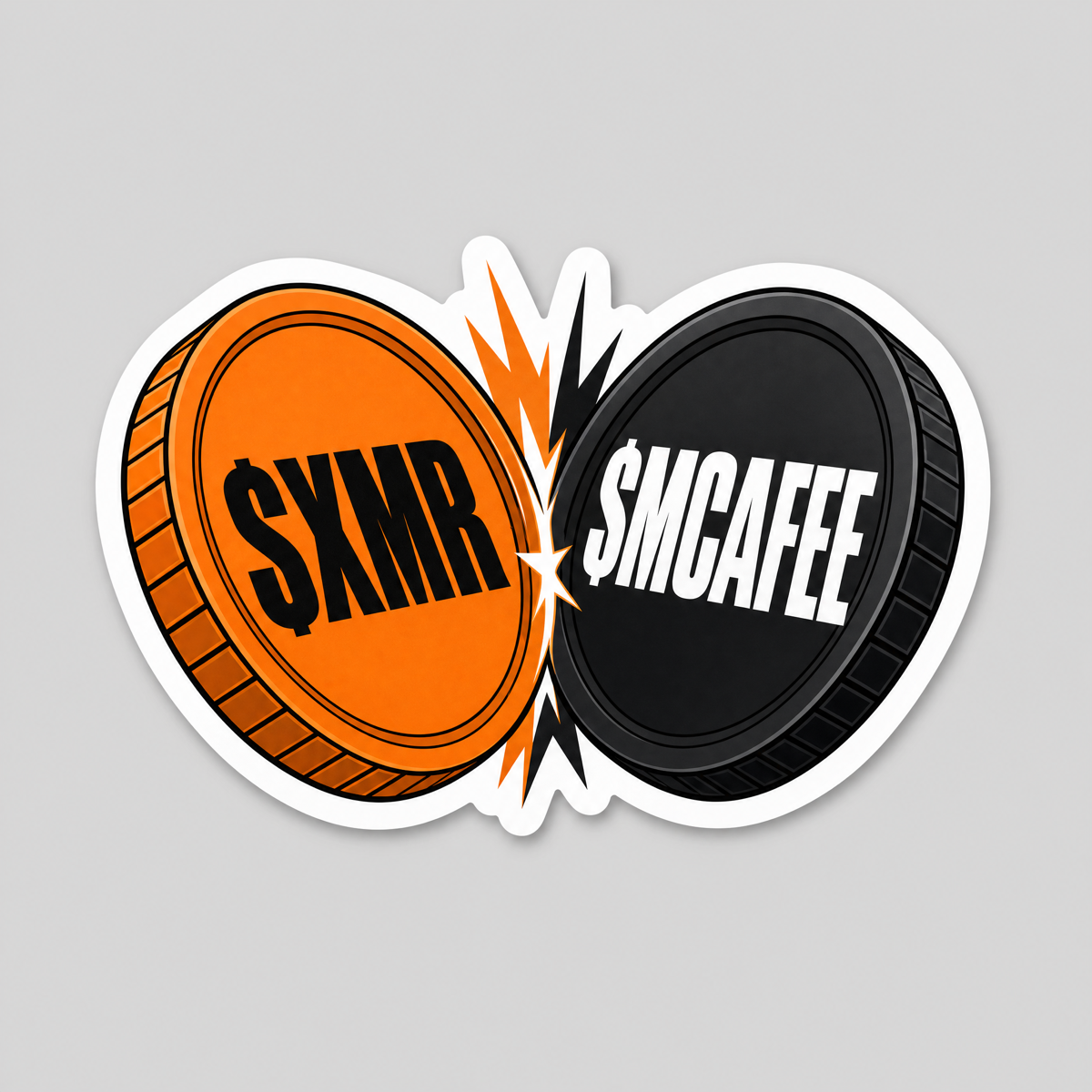 Orange $XMR coin knocking into a black $MCAFEE coin